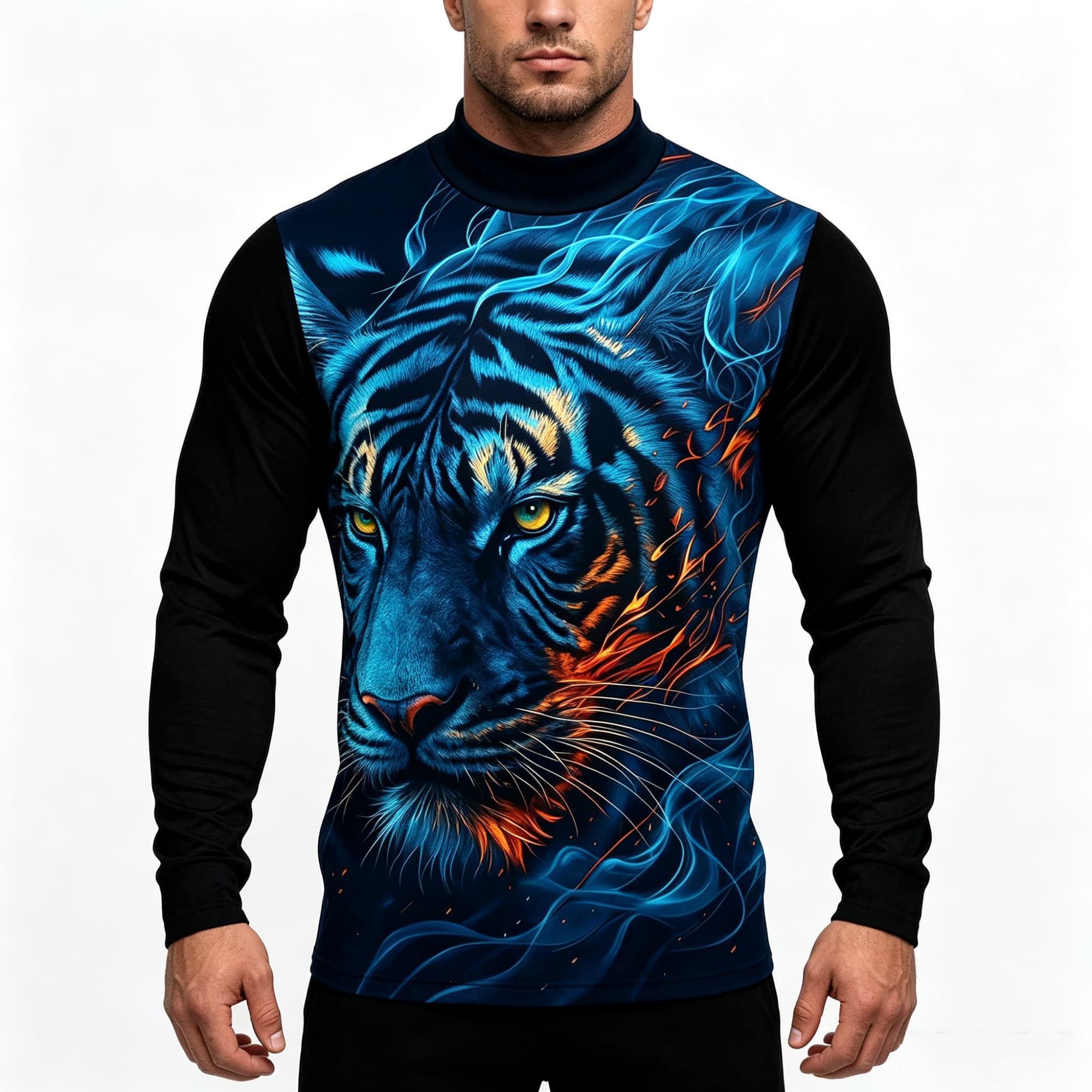Tee Graphic Print - Neonblauwe Vlammen Tijger Dierenkunst 3D Print