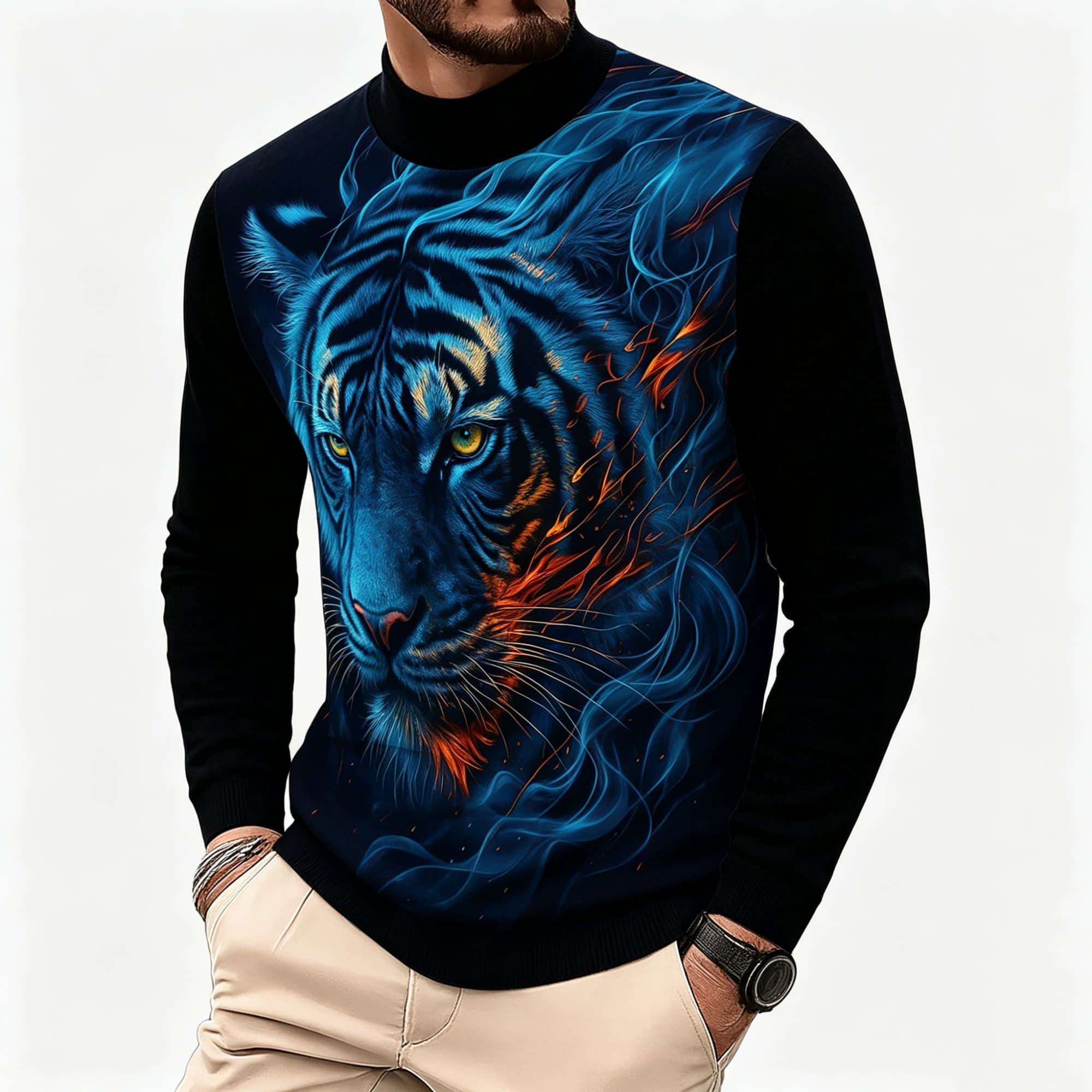 Neonblauwe Vlammen Tijger Dier - Tee Graphic Print recensie en prijs