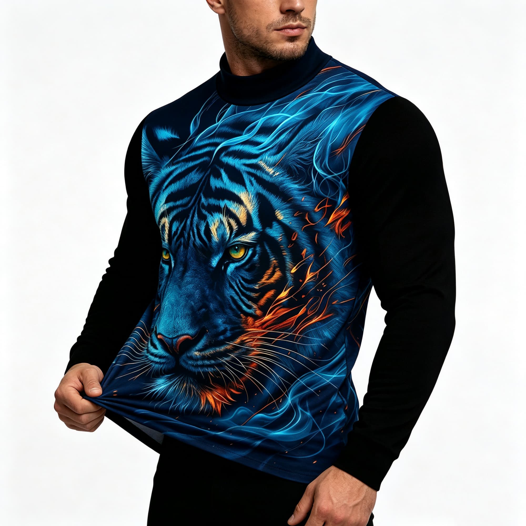 Neonblauwe Vlammen Tijger Dier - Tee Graphic Print recensie en prijs
